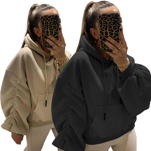 Women Solid Color Long Sleeves Loose Fleece Thick Hoodies YIM-022