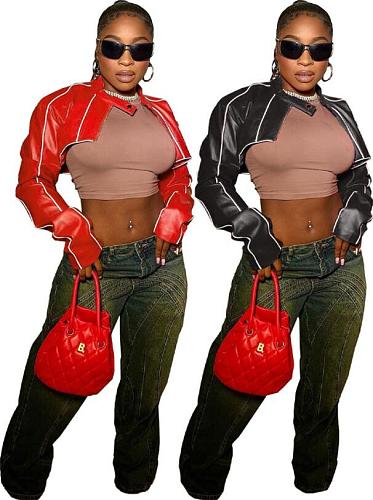Motorcycle Leather Patchwork Short Jacket For Women FNN-8722