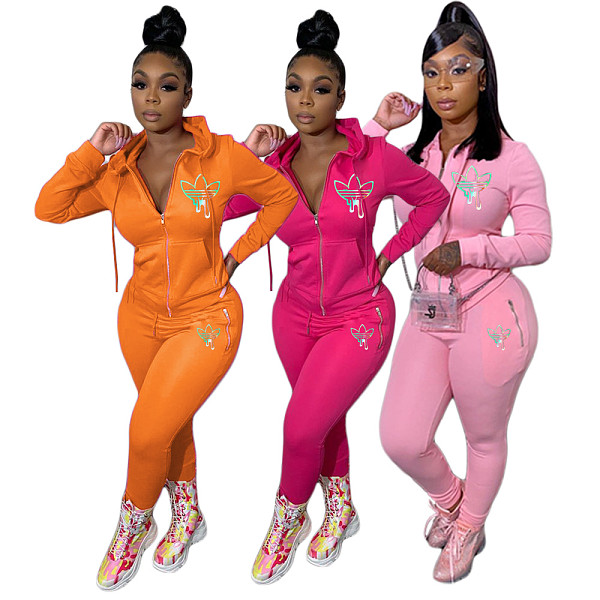 Zipper Up Long Sleeve Hooded Top Pencil Pants Sweatsuit CN-0052S3