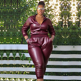 Stylish Solid Color PU-leather Women Large Size 2 Pieces Suits NNWY-7959