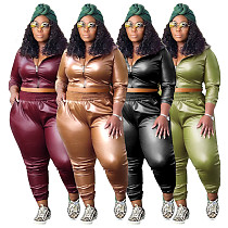 Stylish Solid Color PU-leather Women Large Size 2 Pieces Suits NNWY-7959