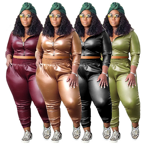 Stylish Solid Color PU-leather Women Large Size 2 Pieces Suits NNWY-7959