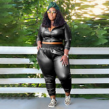 Stylish Solid Color PU-leather Women Large Size 2 Pieces Suits NNWY-7959