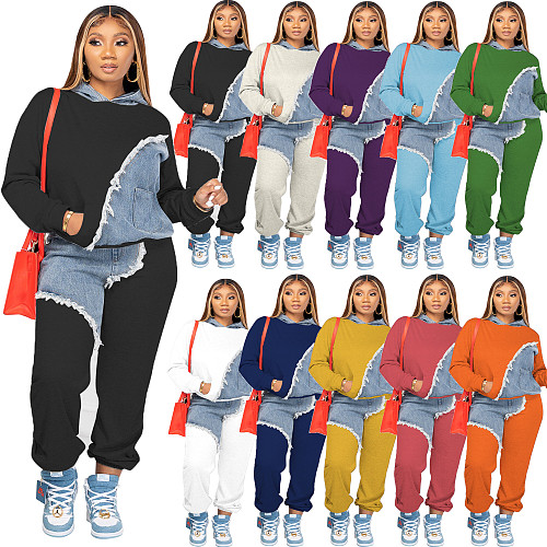 Denim Patchwork Loose Hooded Sweatshirt Pants Set JH-322