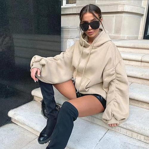 Women Solid Color Long Sleeves Loose Fleece Thick Hoodies YIM-022