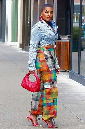 Trendy Plaid Printed Women Patchwork Pockets Cargo Pants OD-8612