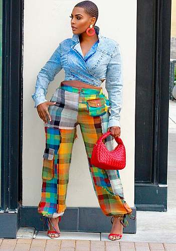 Trendy Plaid Printed Women Patchwork Pockets Cargo Pants OD-8612