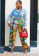 Trendy Plaid Printed Women Patchwork Pockets Cargo Pants OD-8612