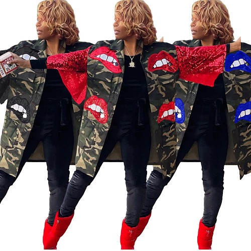 Stylish Ladies Pocket Stand Collar Sequin Lip Sleeves Camo Coat QY-5167