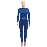 Geometric Long Sleeve Crop Top Skinny Pants Outfits SH-390435