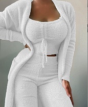 Plush Casual Homewear Three Piece Pants Lace Up Pajama Set RS-998