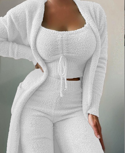 Plush Casual Homewear Three Piece Pants Lace Up Pajama Set RS-998