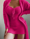 Plush Casual Homewear Two Pieces Dress Lace Up Pajama Set RS-3007
