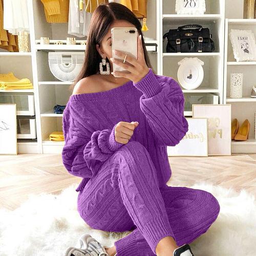 Autumn Winter Women Solid Color Sweatersporty Large Size 2 Pieces Suits RS-1118