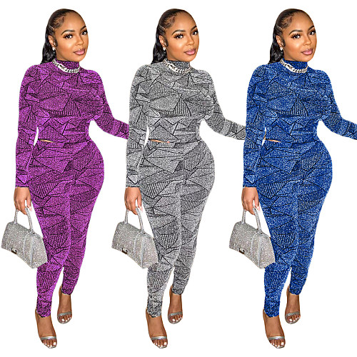 Geometric Long Sleeve Crop Top Skinny Pants Outfits SH-390435