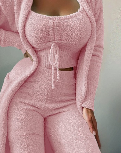Plush Casual Homewear Three Piece Pants Lace Up Pajama Set RS-998