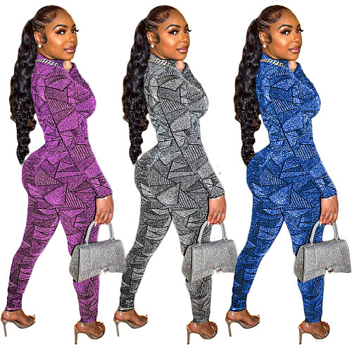 Geometric Long Sleeve Crop Top Skinny Pants Outfits SH-390435