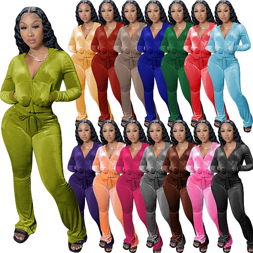 XS  Velvet Zip Hooded Crop Top Flared Pants Set YD-8527