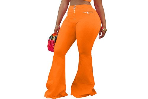 Solid Color Low Waist Zipper Casual Bell Bottoms HM-6339