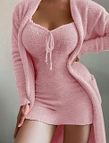Plush Casual Homewear Two Pieces Dress Lace Up Pajama Set RS-3007