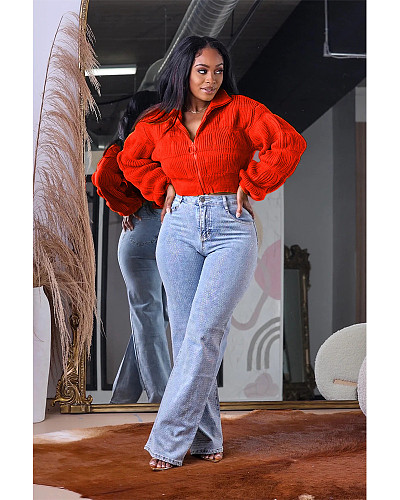 Fashion Women Lantern Sleeve Zipper Front Sweater XT-8218