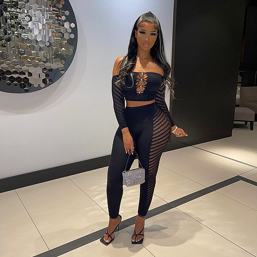 Sexy Strapless Hollow Out Crop Top And Long Pants Women Black Two Pieces Set MXXB-K23ST156