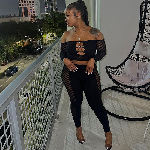 Sexy Strapless Hollow Out Crop Top And Long Pants Women Black Two Pieces Set MXXB-K23ST156