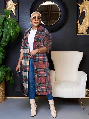 Autumn Winter Women Plaid Print Long Coat ZAND-31303