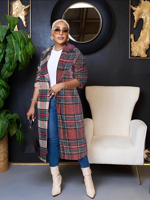 Autumn Winter Women Plaid Print Long Coat ZAND-31303