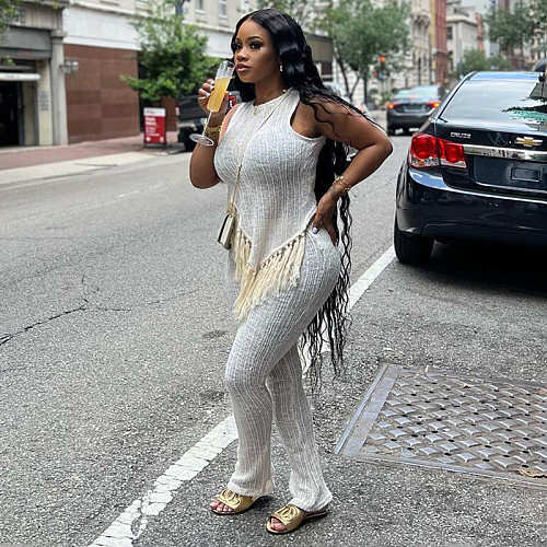 Women Irregular Tassel Tops And Long Pants White Casual Sets MXXB-K23ST262