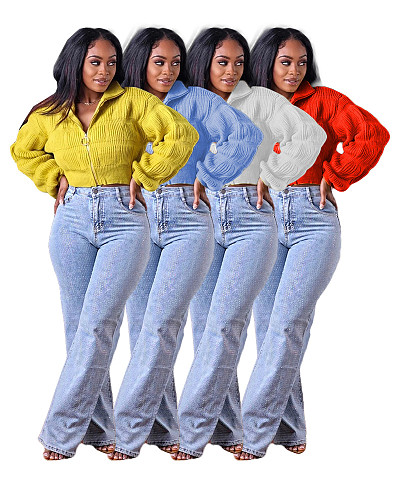 Fashion Women Lantern Sleeve Zipper Front Sweater XT-8218