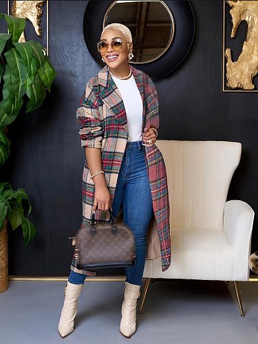 Autumn Winter Women Plaid Print Long Coat ZAND-31303