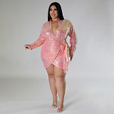 Large Size Women Sequined Lace-up Sexy Mini Club Dresses NNWY-7938