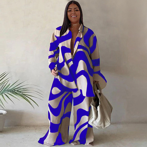 Large Size Suits Women Prints Loose Blouse And Straight Pants NNWY-7953