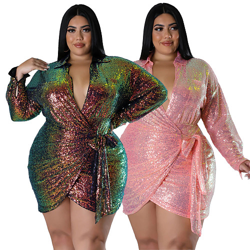 Large Size Women Sequined Lace-up Sexy Mini Club Dresses NNWY-7938