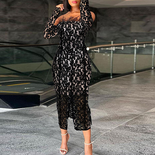 Black Lace Strapless Feather Sexy Split Midi Dresses NY-10630