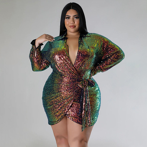 Large Size Women Sequined Lace-up Sexy Mini Club Dresses NNWY-7938