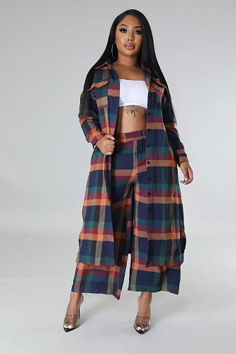 Autumn Winter Ladies Plaid Print Long Coat With Pants Suits ZAND-31308