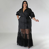 Large Size Ladies Lapel Neck Low-cut Mesh Long Dresses NNWY-7937