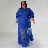 Large Size Ladies Lapel Neck Low-cut Mesh Long Dresses NNWY-7937