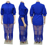 Large Size Ladies Lapel Neck Low-cut Mesh Long Dresses NNWY-7937