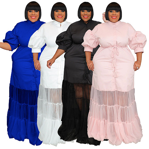 Large Size Ladies Lapel Neck Low-cut Mesh Long Dresses NNWY-7937
