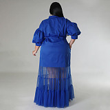 Large Size Ladies Lapel Neck Low-cut Mesh Long Dresses NNWY-7937