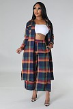 Autumn Winter Ladies Plaid Print Long Coat With Pants Suits ZAND-31308