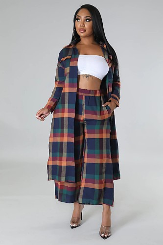 Autumn Winter Ladies Plaid Print Long Coat With Pants Suits ZAND-31308