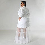 Large Size Ladies Lapel Neck Low-cut Mesh Long Dresses NNWY-7937