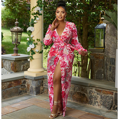 Sexy Deep-V Printed Long Sleeves Split Bandage Long Dress OSD-6938