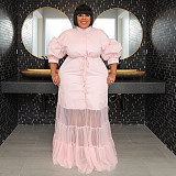 Large Size Ladies Lapel Neck Low-cut Mesh Long Dresses NNWY-7937