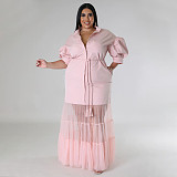 Large Size Ladies Lapel Neck Low-cut Mesh Long Dresses NNWY-7937
