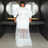 Large Size Ladies Lapel Neck Low-cut Mesh Long Dresses NNWY-7937